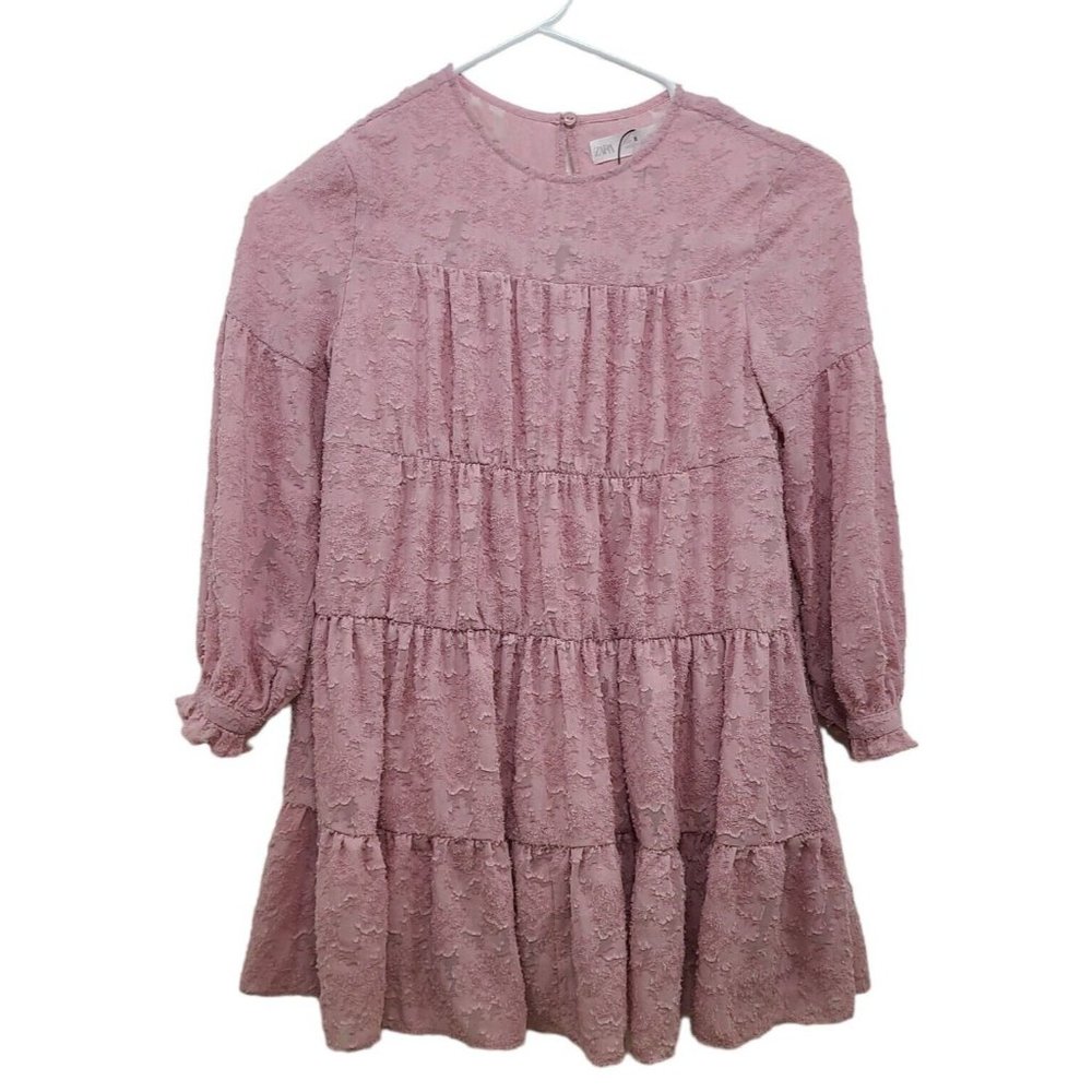 ZARA Girl's Pink Lace Tiered Prairie Style Long Sleeve Midi Dress Sz 8 Pale Pink